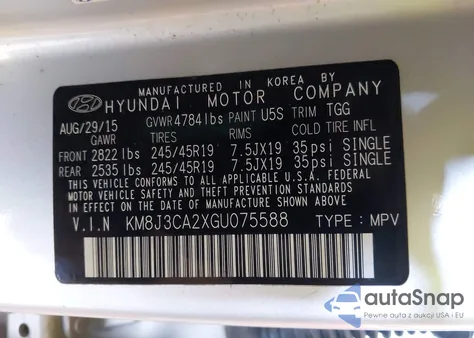 2016 Hyundai Tucson Sport из США, поврежденный, VIN KM8J3CA2XGU075588